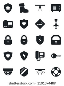 Set of vector isolated black icon - plane radar vector, smoking place, safe, lock, boot, heart shield, protect, key, intercome, home, surveillance, sprinkler, crisis management