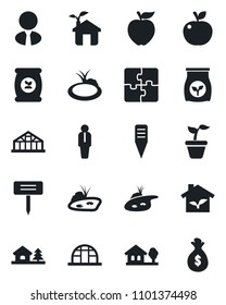 Set of vector isolated black icon - manager vector, seedling, plant label, greenhouse, pond, fertilizer, application, house with tree, estate agent, apple fruit, eco, money bag