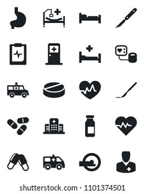 Set of vector isolated black icon - bed vector, medical room, heart pulse, blood pressure, pills, ampoule, scalpel, tomography, ambulance car, hospital, stomach, clipboard, doctor