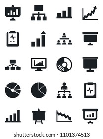 Set of vector isolated black icon - growth statistic vector, hierarchy, presentation board, circle chart, pulse clipboard, monitor statistics, bar graph, pie, crisis