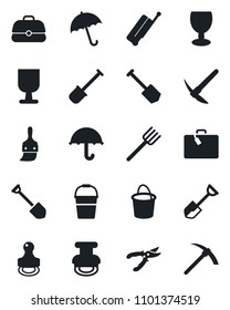 Set of vector isolated black icon - suitcase vector, umbrella, job, shovel, farm fork, bucket, pruner, fragile, themes, stamp, case, hard work