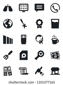 Set of vector isolated black icon - plane globe vector, office binder, garden fork, ripper, monitor pulse, heart diagnostic, lungs, earth, cash, sorting, satellite, message, sertificate, coffee