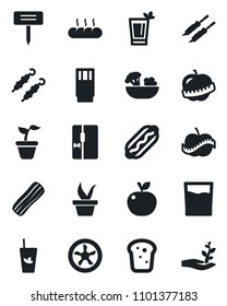 Set of vector isolated black icon - seedling vector, plant label, diet, fridge, drink, phyto bar, salad, bacon, bread, kebab, hot dog, apple fruit, fan, palm sproute