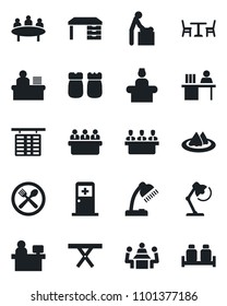 Set of vector isolated black icon - cafe vector, baby room, reception, flight table, medical, desk, meeting, manager place, picnic, lamp, serviette, salt and pepper