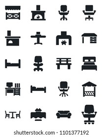 Set of vector isolated black icon - cafe vector, bed, office chair, desk, bench, fireplace, bedroom, cushioned furniture, restaurant table, alcove