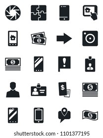 Set of vector isolated black icon - right arrow vector, mobile phone, identity card, important flag, cash, tracking, cell, camera, user, application, restaurant receipt, home control app