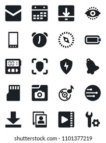 Set of vector isolated black icon - mobile vector, protect, alarm, stopwatch, bell, mail, sd, network, calendar, download, compass, face id, eye, music, video, photo gallery, battery, root setup