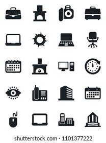 Set of vector isolated black icon - office building vector, chair, case, mouse, notebook pc, sun, fireplace, term, camera, radio phone, eye id, clock, calendar