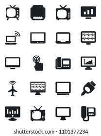 Set of vector isolated black icon - plane radar vector, wireless notebook, pc, statistic monitor, pulse, tv, touch screen, hdmi, statistics, intercome