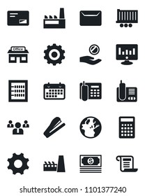 Set of vector isolated black icon - gear vector, team, statistic monitor, store, cash, truck trailer, term, radio phone, mail, settings, abacus, office, stapler, factory, earth, investment, contract