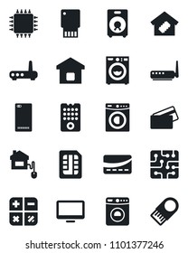 Set of vector isolated black icon - washer vector, calculator, monitor, speaker, phone back, sim, smart home, credit card, control, chip, remote, router, usb flash