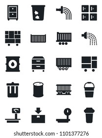 Set of vector isolated black icon - trash bin vector, checkroom, bucket, watering, railroad, truck trailer, cargo container, consolidated, package, oil barrel, heavy scales, archive box