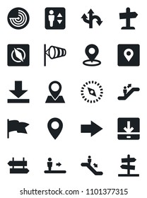 Set of vector isolated black icon - elevator vector, escalator, signpost, right arrow, wind, radar, route, pin, download, place tag, compass, flag, guidepost