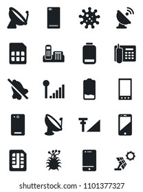 Set of vector isolated black icon - satellite antenna vector, virus, cell phone, low battery, mobile, back, sim, mute, cellular signal, office, sun panel
