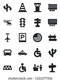 Set of vector isolated black icon - airport tower vector, plane radar, taxi, bus, parking, passport control, signpost, alarm car, border cone, helicopter, disabled, route, traffic light, guidepost