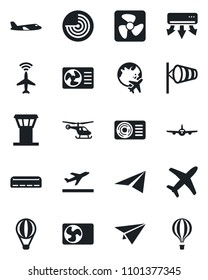 Set of vector isolated black icon - airport tower vector, plane radar, departure, wind, helicopter, globe, air conditioner, fan, paper, balloon