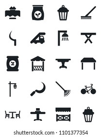 Set of vector isolated black icon - cafe vector, ladder car, rake, sickle, garden light, picnic table, fertilizer, bike, restaurant, alcove, outdoor lamp