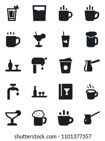 Set of vector isolated black icon - hot cup vector, coffee, water supply, alcohol, wine card, drink, cocktail, phyto bar, beer, turkish