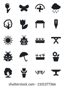 Set of vector isolated black icon - umbrella vector, sun, flower in pot, ripper, tree, butterfly, lady bug, seedling, rain, plant label, picnic table, tulip