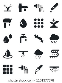 Set of vector isolated black icon - crisis graph vector, watering, water drop, rain, drip irrigation, dropper, menu, supply, sprinkler