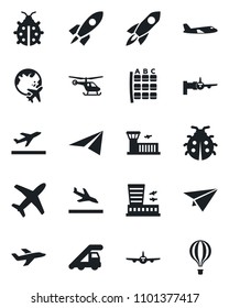Set of vector isolated black icon - departure vector, arrival, ladder car, plane, boarding, helicopter, seat map, globe, airport building, lady bug, rocket, paper, air balloon