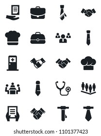 Set of vector isolated black icon - medical room vector, handshake, team, tie, document, stethoscope, meeting, cook hat, case