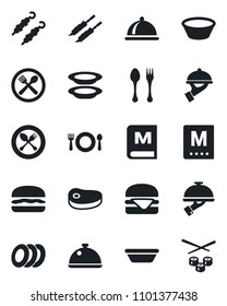 Set of vector isolated black icon - spoon and fork vector, dish, cafe, menu, plates, waiter, steak, kebab, hamburger, bowl, sushi