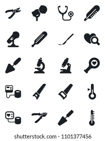 Set of vector isolated black icon - trowel vector, pruner, saw, stethoscope, blood pressure, thermometer, heart diagnostic, microscope, scalpel, microphone