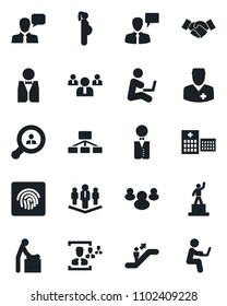 Set of vector isolated black icon - escalator vector, baby room, handshake, speaking man, pedestal, team, hospital, doctor, pregnancy, speaker, group, fingerprint id, hr, company, client search