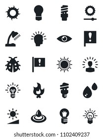 Set of vector isolated black icon - sun vector, bulb, lady bug, fire, eye, important flag, brightness, desk lamp, water, energy saving, shining head, idea