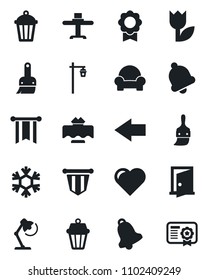 Set of vector isolated black icon - left arrow vector, pennant, garden light, heart, tulip, themes, bell, sertificate, desk lamp, cushioned furniture, restaurant table, snowflake, outdoor, door