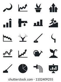 Set of vector isolated black icon - growth statistic vector, seedling, watering can, sproute, hoe, sickle, drip irrigation, bar graph, pie, point, career ladder, arrow up, crisis, presentation