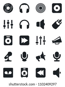 Set of vector isolated black icon - vinyl vector, microphone, loudspeaker, settings, headphones, speaker, fast forward, rewind, rec button, rca, tuning, record, sound