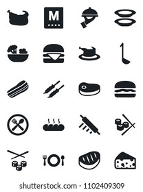 Set of vector isolated black icon - cafe vector, menu, salad, plates, bacon, waiter, bread, chicken, steak, kebab, hamburger, ladle, rolling pin, sushi, cheese