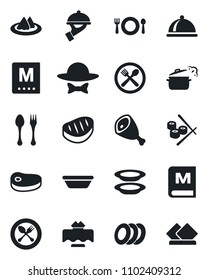 Set of vector isolated black icon - spoon and fork vector, dish, restaurant table, serviette, cafe, menu, plates, waiter, dress code, steak, ham, bowl, steaming pan, sushi