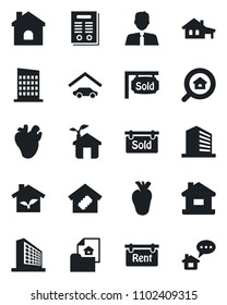 Set of vector isolated black icon - office building vector, house, real heart, contract, with garage, estate document, rent, sold signboard, search, agent, smart home, city, eco, message
