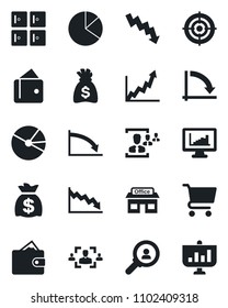 Set of vector isolated black icon - checkroom vector, money bag, crisis graph, store, monitor statistics, pie, hr, target, consumer search, wallet, growth, cart, presentation