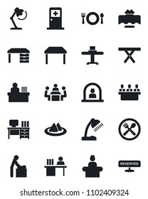 Set of vector isolated black icon - baby room vector, reception, medical, desk, picnic table, manager, lamp, meeting, restaurant, serviette, cafe, reserved