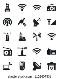 Set of vector isolated black icon - antenna vector, satellite, wireless notebook, office phone, radio, remote control, cellular signal, garage gate