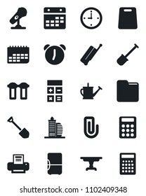 Set of vector isolated black icon - suitcase vector, calculator, job, shovel, watering can, term, microphone, alarm, folder, calendar, clock, paper clip, printer, office building, table, fridge