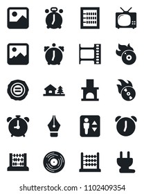 Set of vector isolated black icon - elevator vector, alarm clock, abacus, stamp, fireplace, film frame, vinyl, flame disk, gallery, ink pen, house with tree, tv, power plug