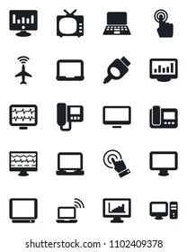 Set of vector isolated black icon - plane radar vector, wireless notebook, pc, statistic monitor, pulse, tv, touch screen, laptop, hdmi, statistics, intercome
