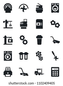 Set of vector isolated black icon - coffee machine vector, fork loader, gear, ripper, lawn mower, tomography, printer, copier, washer, crane, water filter, combination lock