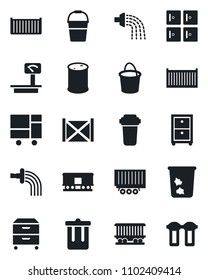 Set of vector isolated black icon - trash bin vector, checkroom, bucket, watering, railroad, truck trailer, cargo container, consolidated, oil barrel, heavy scales, archive box, water filter