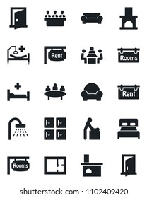 Set of vector isolated black icon - baby room vector, shower, checkroom, meeting, fireplace, hospital bed, plan, rent, rooms, bedroom, cushioned furniture, door