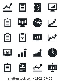 Set of vector isolated black icon - growth statistic vector, monitor, diagnosis, pulse clipboard, statistics, pie graph, checklist, point, presentation
