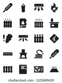 Set of vector isolated black icon - fire vector, hose, fireplace, thermometer, heater, air conditioner, candle, water, smoke detector, radiator, warm floor