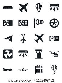 Set of vector isolated black icon - plane vector, airport tower, radar, wind, helicopter, seat map, air conditioner, fan, paper, balloon