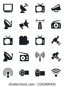Set of vector isolated black icon - antenna vector, satellite, radio, loudspeaker, tv, video camera, wireless