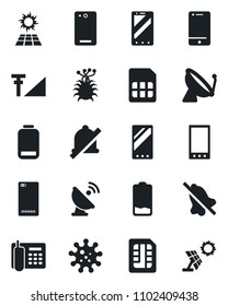Set of vector isolated black icon - satellite antenna vector, mobile phone, virus, cell, low battery, back, sim, mute, cellular signal, office, sun panel